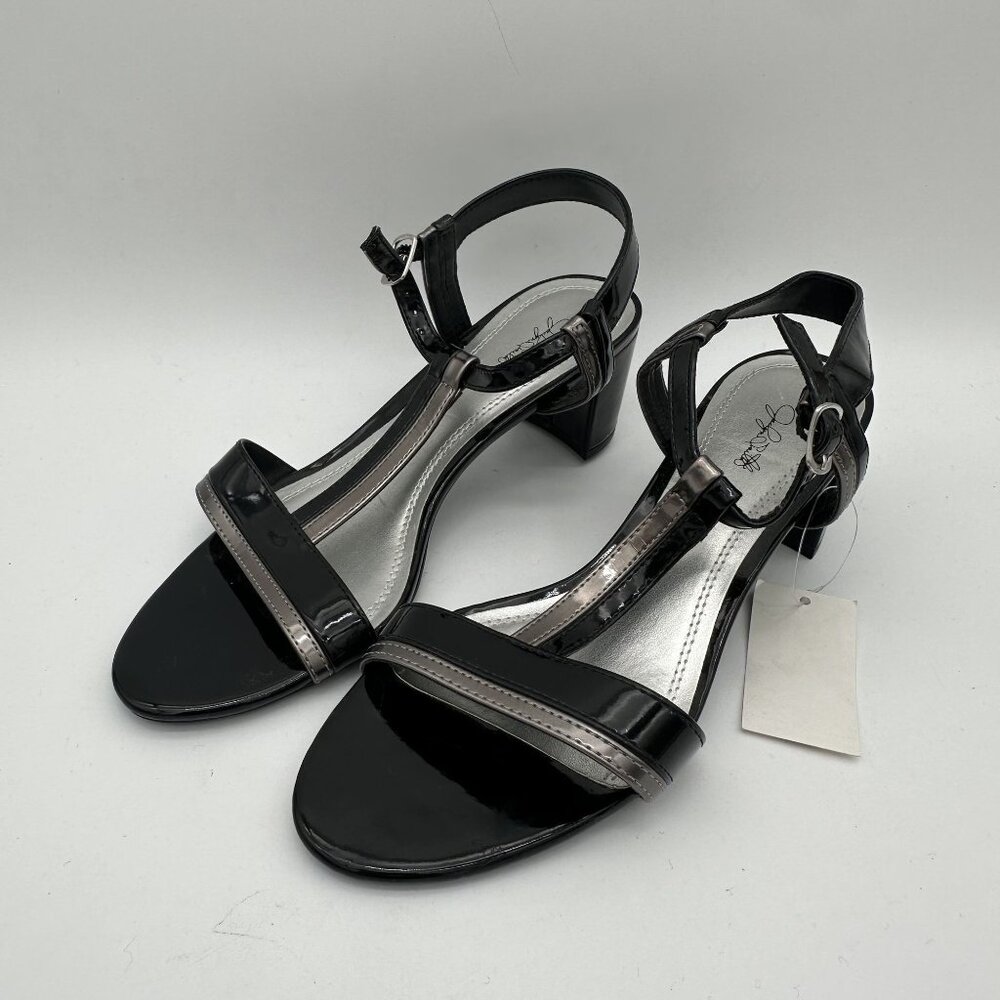 Womens Black Silver Metallic Block Heel Dress Sandals With Ankle Strap